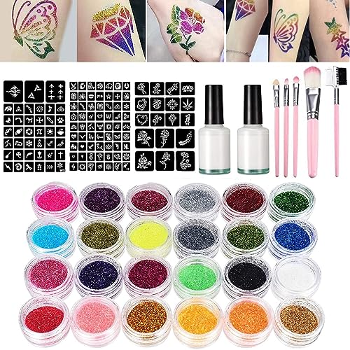 KARLOR Glitzer Tattoo Set Kinder, Temporäre Kindertattoos 24 Glitzertattoo, 120 Schablonen, 5 Pinsel, 2 Körperkleber Kinder Tattooglitter Glitzer Gesicht Kinder Geschenk Geburtstagparty (24 Farben) von KARLOR