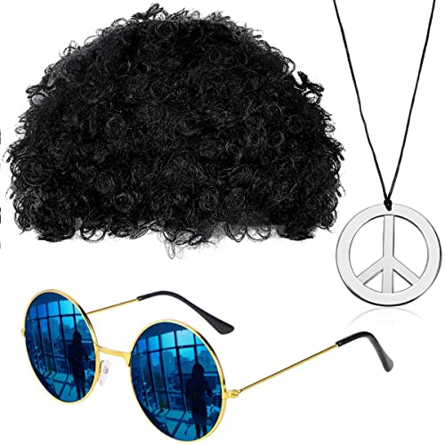 KARLOR Hippie Kostüm Zubehör 70er 80er Jahre Bekleidung Herren Afro Perücke mit Brille Kette, Funky Afro Perücke Männer Hippie Kostüm Herren Perücke für Mottoparty Festival Fasching JGA(schwarz) von KARLOR