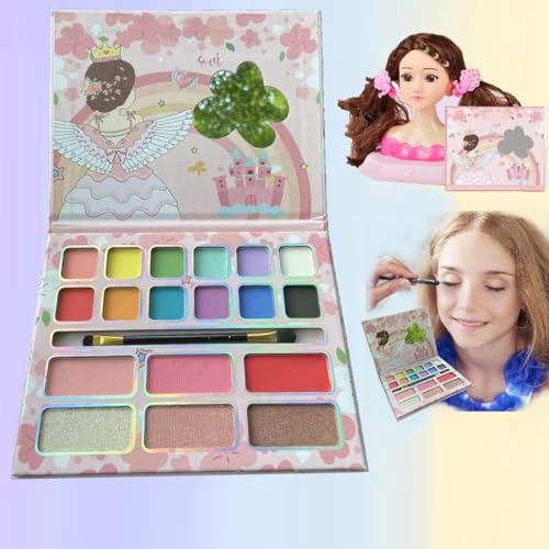 KARLOR Kinder Schminke Mädchen Make-up, 18 Farben mit Pinsel, Prinzessin Makeup Set, Kinder Schminkpalette,12 matte Lidschaten 3 glitzer Highlight 3 Rouge, Kinder Makeup Palette für Mädchen ab 4 Jahre von KARLOR