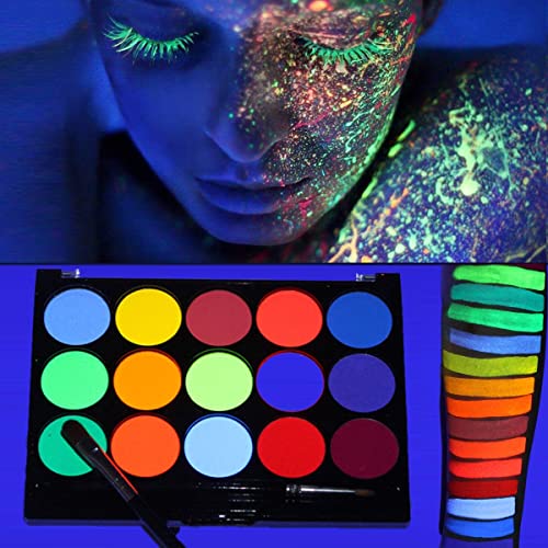 KARLOR Körperfarbe fluoreszierend, 15 Farben Bodypaint mit Pinsel,Gesichtsfarbe leuchtend in UV Licht,Neon Glow Bobypainting Körperbemalung Facepaint wasserlöslich Malerei Party Halloween Cosplay von KARLOR