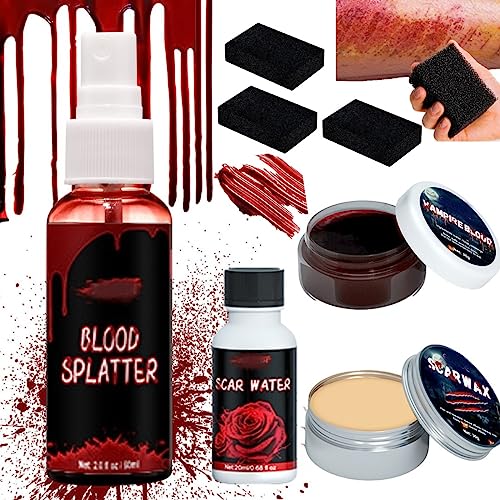 KARLOR Kunstblut 8 PCS Set, Wundeschorf Blutspray Spritzer Dickflüssig Schwamm Hautwach Schaber, Frisch Dunkel für Haut Gesicht Narbe Makeup Halloween Vampir Zombie Sfx Makeup Set von KARLOR