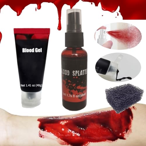 KARLOR Kunstblut Set, dick Kunstblut + flüssig Kunstblut + Schwamm, Fake Blood, Auswaschbar frisch dunkel Kunstblut für Haut Kleidung Wunde Makeup Halloween Vampir Zombie Sfx Makeup von KARLOR