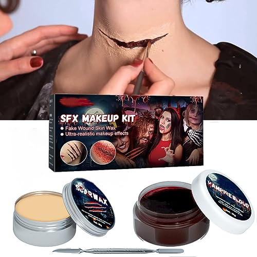 KARLOR Kunstblut Wundschorf, Kunstblut + Narbenwachs + Schaber Fake Blood Set, Blutgel Hautwachs für Wunde Narben Schnitte Kratzer Make-up Halloween Kostüm Zombie Vampir von KARLOR