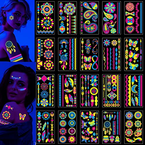 KARLOR Neon temporäre Tattoos, 20 Blätter Glow UV Klebetattoos Neon Tattoos Schwarzlicht Neon Party Outfit Deko fluoreszierend Tätowierung Aufkleber leuchtend Accessoire Neon Party Festivals Live von KARLOR