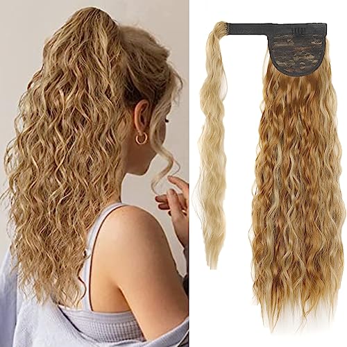 KARLOR Pferdeschwanz Haarteil mit Band, Ponytail Extensions Zopf Haarverlängerung Lang gewellt 55 cm Kunsthaar flauschig locken Synthetik Zopf Damen Mädchen（Golden mix aschbraun/24H27#） von KARLOR