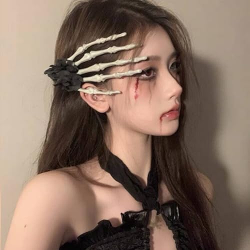 KARLOR SkelettKrallen Haarspangen Groß Halloween Haarnadel Skeletthand mit schwarz Rosen Haarnadel Totenkopf Haarspangen Gothic Haarschmuck Teufel Geisterkrallen Haarschmuck Gothic-Halloween Makeup von KARLOR