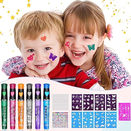 KARLOR Tattoo Stifte Kinder Tattoo Stifte für die Haut, 6 Tatoostift, 9 Schablone & 2 Blätter Glitzersteine Gesicht, Tattoo Gelstifte Set Kinder Geschenk für Jungen Mädchen Halloween Party Geburtstag von KARLOR