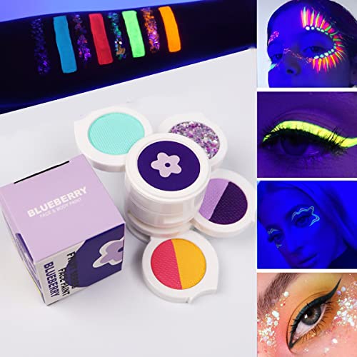 KARLOR UV Gesichtsfarbe, 6 in 1 Neon Lidschatten fluoreszierend Körperfarbe Glitzer Glow Bodypaint Körperbemalung wasserlöslich Schwarzlicht Neon UV Glow Party Fasching Halloween Cosplay（Blaubeere） von KARLOR