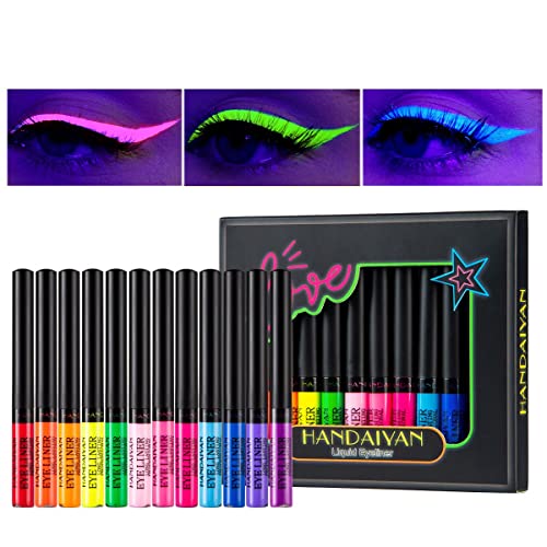 KARLOR UV Neon Eyeliner Set, 12 Farben fluoreszierend Glow Eyeliner, leuchtend Schwarzlicht, bunt flüssig Wasserfest Wischfest langlebig EyelinerAugen Gesicht Make-up Eyeliner von KARLOR