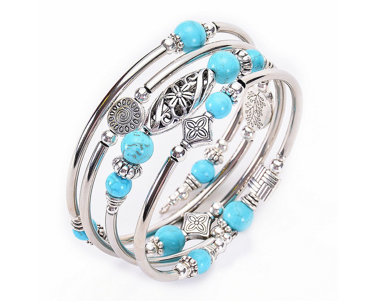 KARMA Armband Mehrreihig Silber Türkis Damenarmband Natursteine Legierung (Geschenk für Sie, Damenarmschmuck), Natursteinarmband Metall Metallarmband modern von KARMA