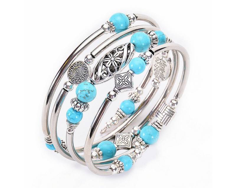 KARMA Armband Mehrreihig Silber Türkis Damenarmband Natursteine Legierung (Geschenk für Sie, Damenarmschmuck), Natursteinarmband Metall Metallarmband modern von KARMA