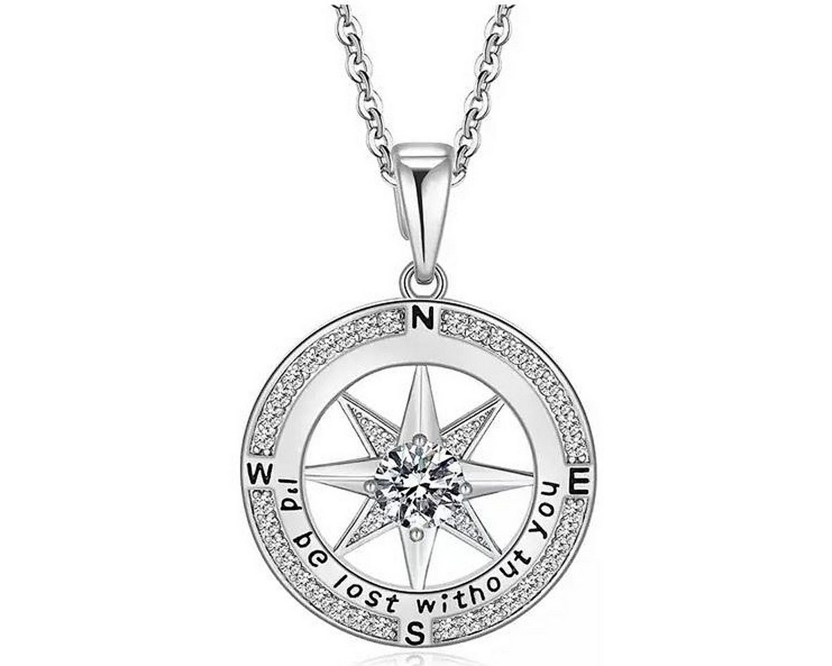 KARMA Freundschaftskette Damen Halskette Kompass Anhänger mit Kristallen Damenkette (Geschenk für Frauen Liebe & Verbundenheit, Kette mit Gravur Anhänger Silber), Gravur "I'd be lost without you" – Kette 43+4,5 cm von KARMA