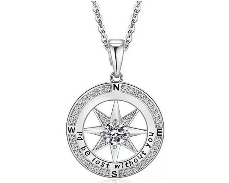 KARMA Freundschaftskette Damen Halskette Kompass Anhänger mit Kristallen Damenkette (Geschenk für Frauen Liebe & Verbundenheit, Kette mit Gravur Anhänger Silber), Gravur "I'd be lost without you" – Kette 43+4,5 cm von KARMA