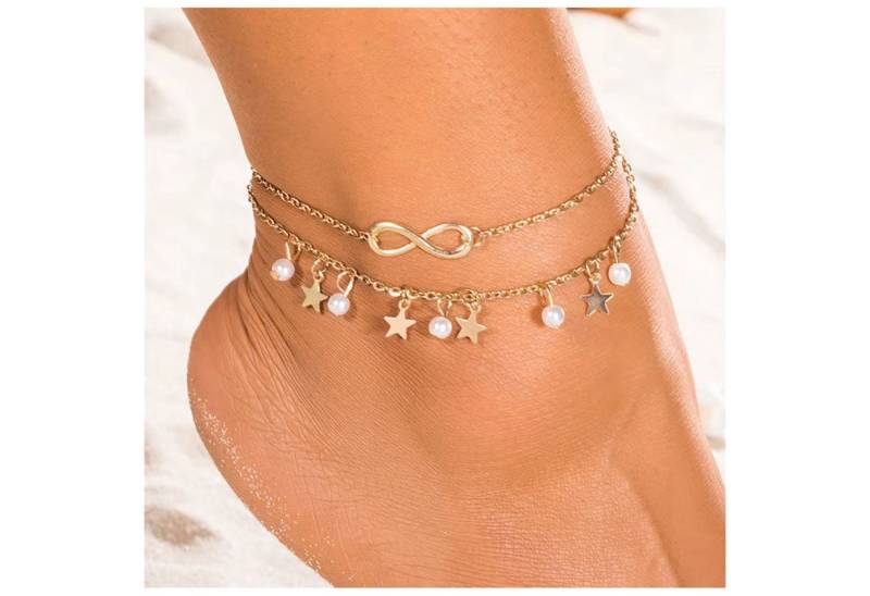 KARMA Fußkette mit Anhänger Fußkettchen Edelstahl vergoldet mit Sternen & Perlen (modisches Accessoire, Fußkette verstellbar), Länge 21,5 + 5 cm, Damen Schmuck von KARMA