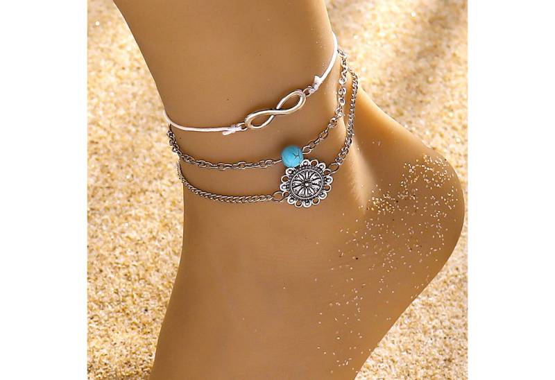 KARMA Fußketten Set Boho Strand Fußschmuck mit Unendlichkeit Symbol (Fußschmuck Fußkette Bohemian Stil, Knöchelkette verstellbar, Mandala), Türkis Sommer Fußkette Schmuck von KARMA