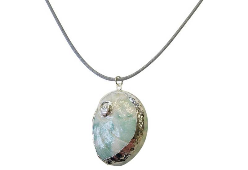KARMA Kette mit Anhänger Halskette Abalone Muschel Damen Grau Grün (Damenhalskette, Geschenk für Frauen), 45 cm Karabinerverschluss Muschelkette von KARMA