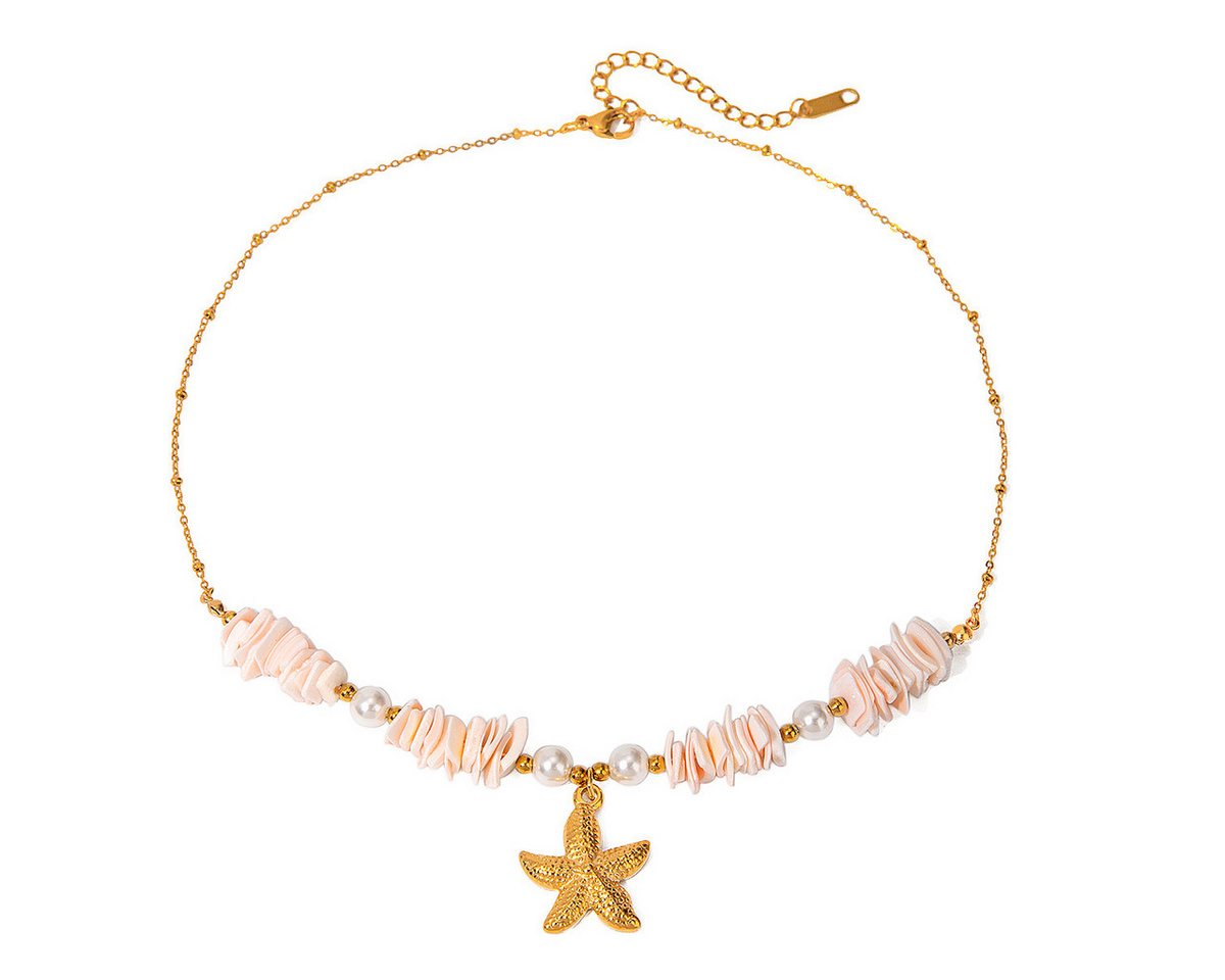 KARMA Kette mit Anhänger Halskette Muscheln Seestern Rosa Türkis Damen vergoldet Kette (Geschenk für Sie Urlaubsschmuck, Edelstahl Edelstahlkette Damenschmuck), Damenkette Muschelhalskette Damenschmuck maritim von KARMA