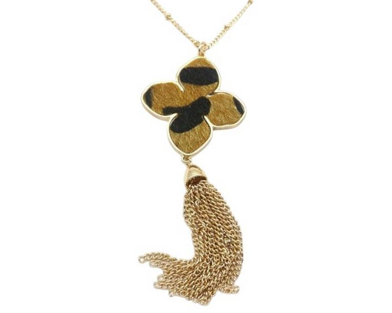 KARMA Lange Kette Halskette Damen Gold mit Leo-Anhänger Kunstfell Medaillon oder Blume (Modeschmuck Pulloverkette Frauen, elegant & trendig), Statementkette 70 cm Gliederkette Fransen von KARMA
