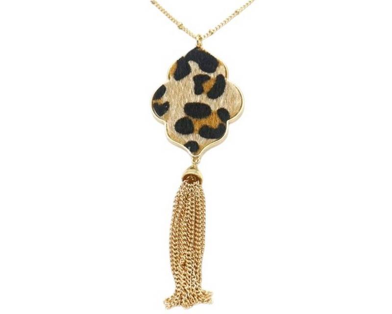 KARMA Lange Kette Halskette Damen Gold mit Leo-Anhänger Kunstfell Medaillon oder Blume (Modeschmuck Pulloverkette Frauen, elegant & trendig), Statementkette 70 cm Gliederkette Fransen von KARMA