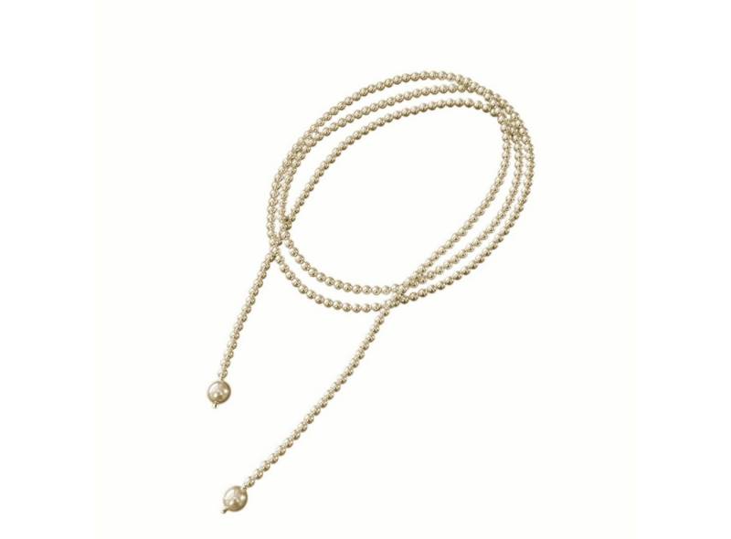 KARMA Lange Kette Perlenkette 130 cm Weiß Gold Damen Glasperlen (modern Geschenk für Frauen, länge einstellbar), Pulloverkette Perlen Damenhalskette von KARMA