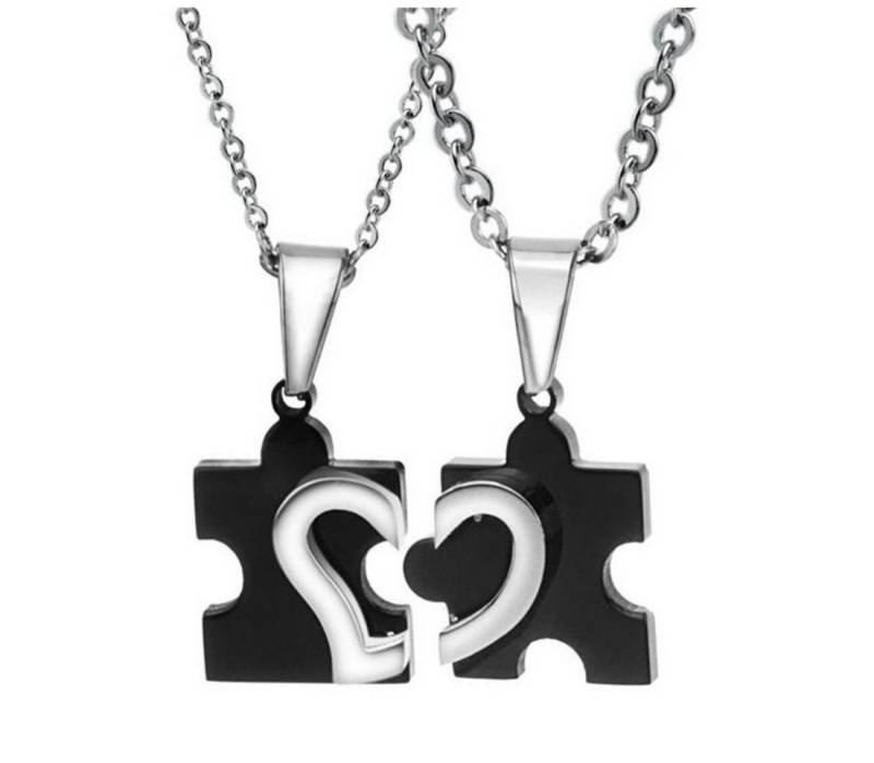 KARMA Partnerkette Paarkette Liebe modern Puzzle schwarz Silber Pärchenschmuck Herz (Halskette für Sie & Ihn, 2-tlg), Paarkette Liebe modern Liebeskette von KARMA