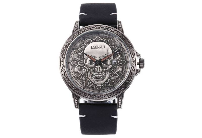 KARMA Quarzuhr Armbanduhr Totenkopf Schwarz Silber Herren Quarzuhr modern, (Herrenuhr Herrenschmuck), Herrenarmbanduhr Kunstlederuhr Skull von KARMA