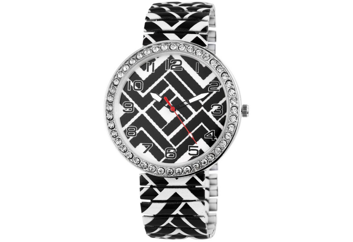 KARMA Quarzuhr Damenuhr Edelstahl Damen Armbanduhr Boho Schwarz Weiß, (Damenschmuck Metall Quarzuhr modern Geometrisch Muster), leuchtende Zeiger Similisteine von KARMA