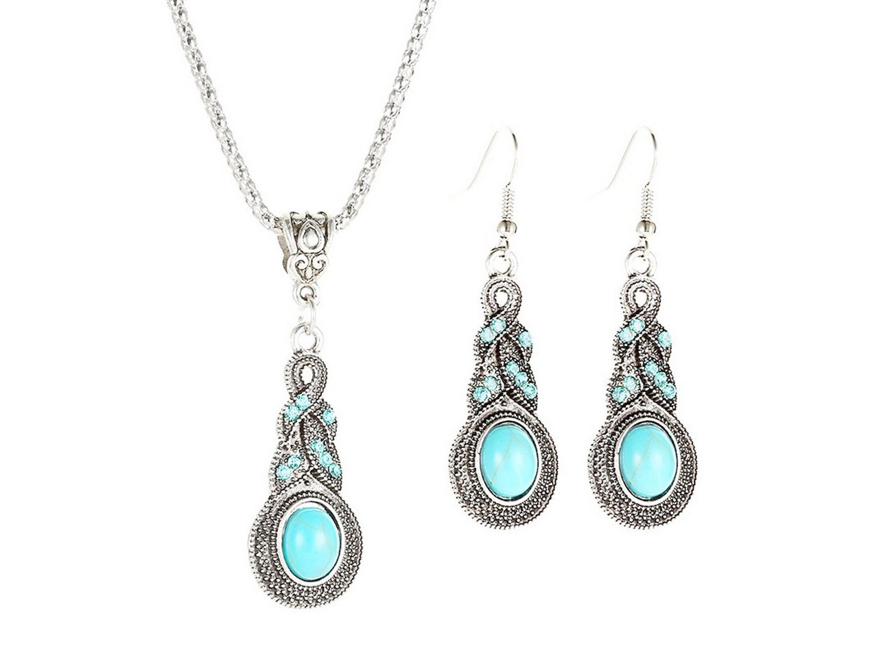 KARMA Schmuckset Boho Altsilber Türkis Damen Halskette 60 cm Karabinerverschluss (Damenschmuckset, Steinschmuck Silber Bohoschmuck), Ohrringe eleganter Schmuck von KARMA