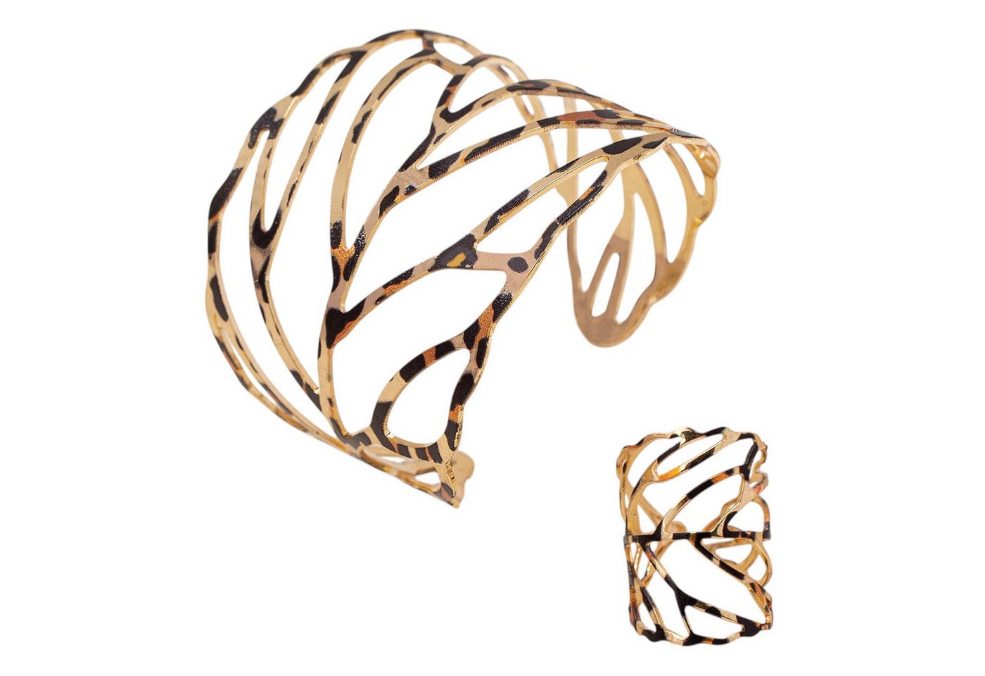 KARMA Schmuckset Damen Gold Braun Leo Armreif & Ring aus Legierung filigranes Design (Damenarmreif Fingerring Damenring, Geschenkidee Damenschmuck), Modeschmuck Set modern elegant von KARMA