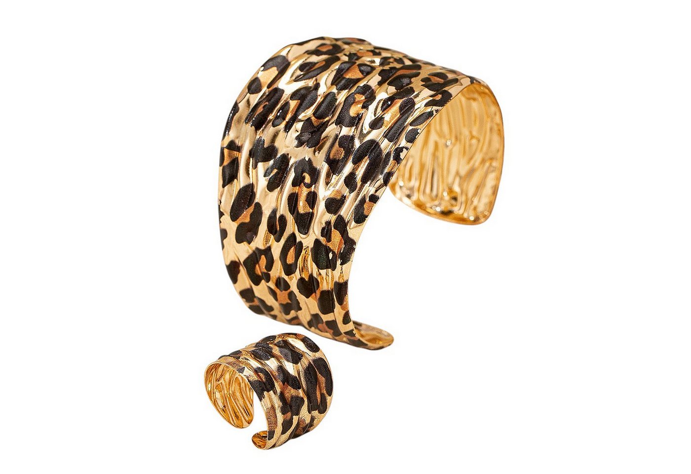 KARMA Schmuckset Damen Gold Braun Leo Armreif & Ring aus Legierung modernes Design (Damenarmreif Damenring Fingerring, Geschenkidee Damenschmuck), Modeschmuck Set modern elegant von KARMA