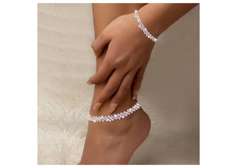 KARMA Schmuckset Fußkettchen und Armband Silber oder Gold 2er Set (Damenschmuck Kristalle, Strand, Urlaub, Abendmode), Fußschmuck Damenarmband Silberarmband Fusskette von KARMA
