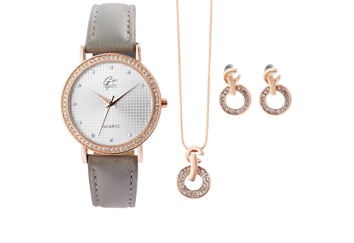 KARMA Schmuckset Geschenkset Damen Silber Rosé Halskette Ohrstecker Armbanduhr (Damenhalskette Metall Metallkette Schmucksteine, 3-tlg., Damenarmbanduhr Quarzuhr Ohrstecker Kette mit Anhänger), Similisteine Modern Geschenkbox Damenschmuck von KARMA