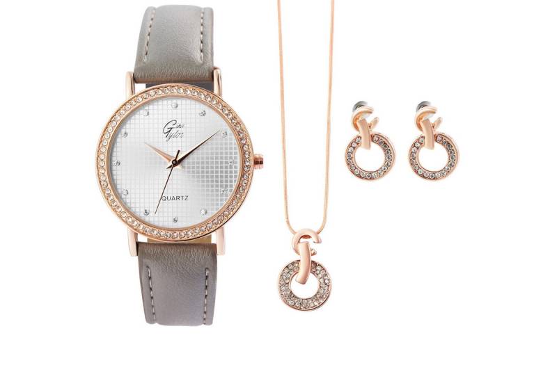 KARMA Schmuckset Geschenkset Damen Silber Rosé Halskette Ohrstecker Armbanduhr (Damenhalskette Metall Metallkette Schmucksteine, 3-tlg., Damenarmbanduhr Quarzuhr Ohrstecker Kette mit Anhänger), Similisteine Modern Geschenkbox Damenschmuck von KARMA