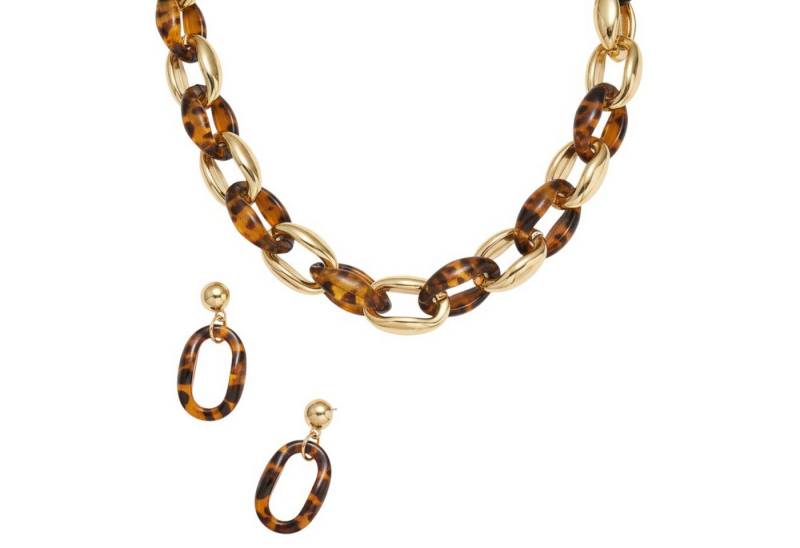 KARMA Schmuckset Leo Damen Gold Braun Halskette 53 cm (Damenschmuckset Kette Ohrhänger, Ohrstecker eleganter Schmuck), Karabinerverschluss Ovale Glieder von KARMA