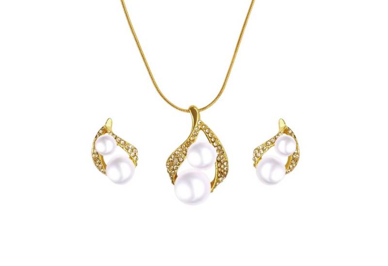 KARMA Schmuckset Schmuckset Damen, Kunstperlen & Kristalle (Damenschmuck Geschenk), Kette Ohrstecker Goldfarben von KARMA