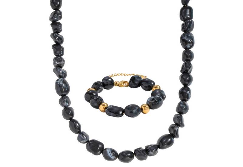 KARMA Schmuckset Schwarz Gold Damen Halskette 45 cm Armband (Damen Armschmuck, moderner Schmuck Kette), Karabinerverschluss Edelstahl Resin von KARMA