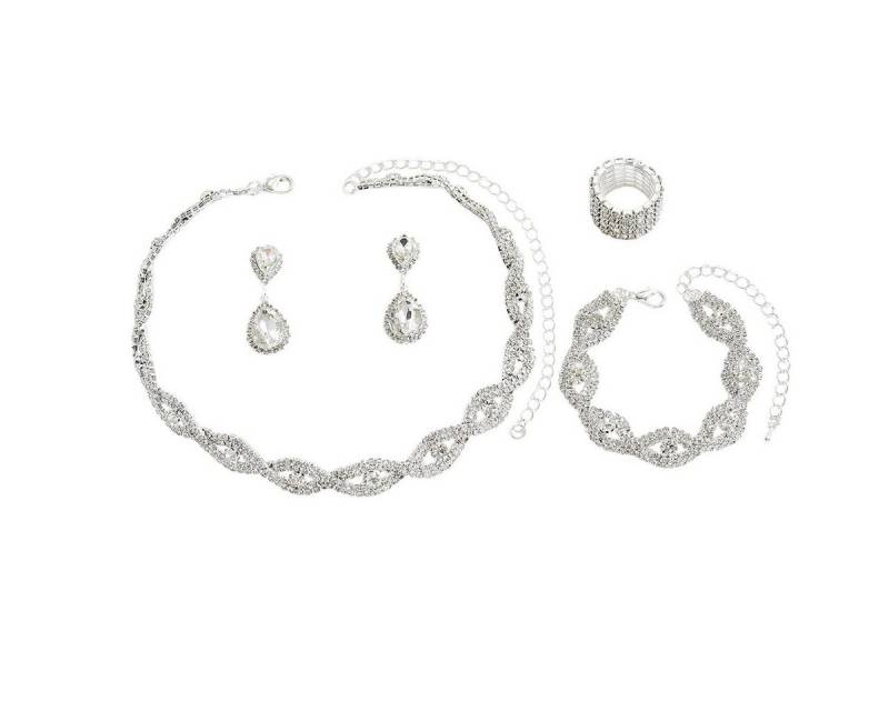 KARMA Schmuckset Strass Damen Legierung Silber Halskette 36 cm (Strassohrringe Strassring Kristallkette, eleganter Schmuck Damenschmuckset Kette), Ohrringe Armband Ring dehnbar von KARMA