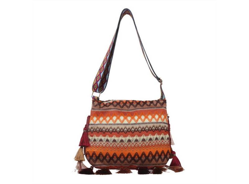 KARMA Umhängetasche Boho Handtasche Damen bunt Rosa Orange od. Grün Sommertasche (Schultertasche mit Reißverschluss, Sommer Tasche Freizeit Urlaub), mit Ethno Muster aus Polyester 25 x 23 x 12 cm von KARMA