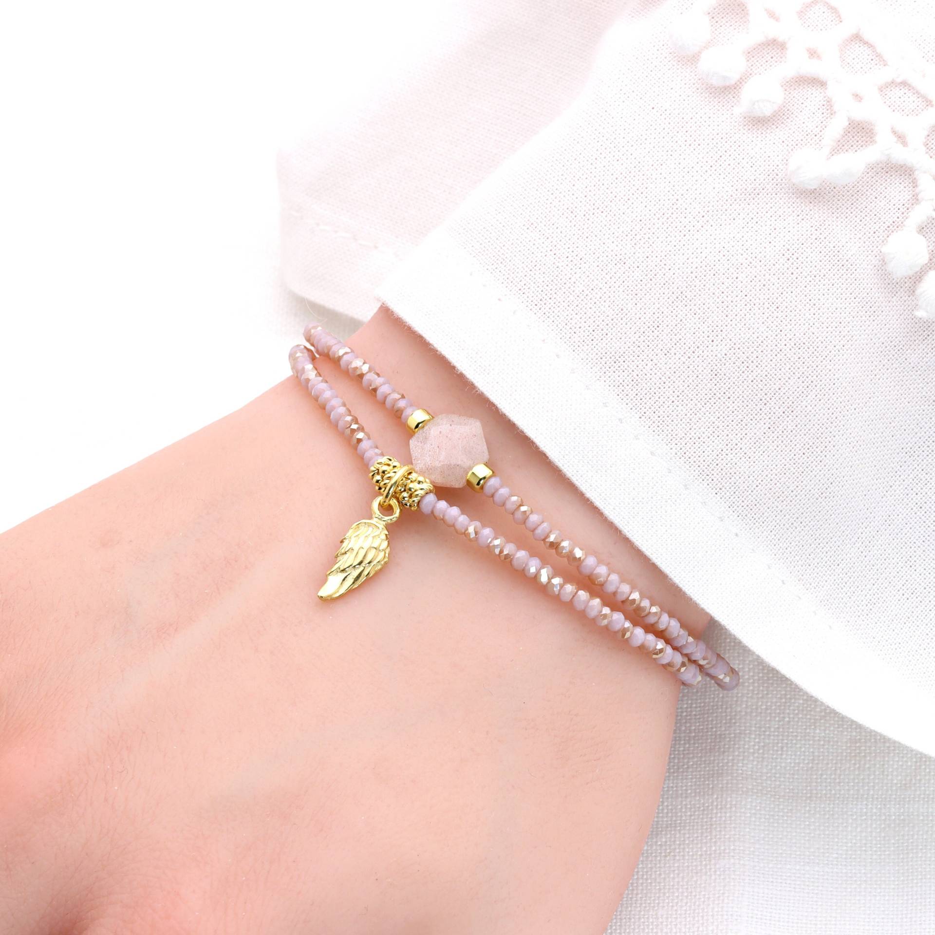 Filigranes Armband-Set Aus Glaskristall Mit Mondstein-Hexagon, Silber, Gold Oder Rosègold Plattiert, Wunscharmband, Engelsflügel von KARYSMADeutschland