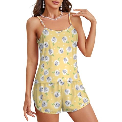 KASENFASHION Sommer Damen Silk Pyjama-Set – Stray Kids Cartoon Schlafanzug mit Spaghetti-Trägern und kurzer Hose von KASENFASHION