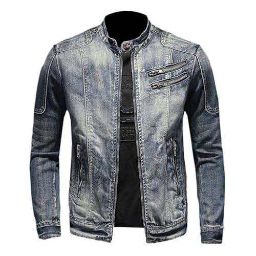 KASENFASHION Vintage Herren Jeansjacke mit Reißverschluss – Bomberjacke im Biker-Stil, Stehkragen, Slim Fit, klassische Trucker-Jacke im Cowboy-Design von KASENFASHION
