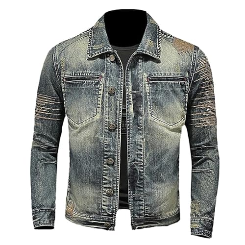 KASENFASHION Vintage Herren Jeansjacke mit Reißverschluss – Bomberjacke im Biker-Stil, Stehkragen, Slim Fit, klassische Trucker-Jacke im Cowboy-Design von KASENFASHION