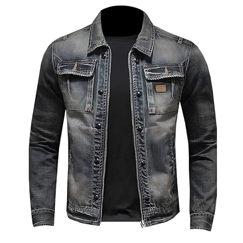 KASENFASHION Vintage Herren Jeansjacke mit Reißverschluss – Bomberjacke im Biker-Stil, Stehkragen, Slim Fit, klassische Trucker-Jacke im Cowboy-Design von KASENFASHION