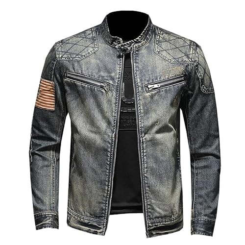 KASENFASHION Vintage Herren Jeansjacke mit Reißverschluss – Bomberjacke im Biker-Stil, Stehkragen, Slim Fit, klassische Trucker-Jacke im Cowboy-Design von KASENFASHION