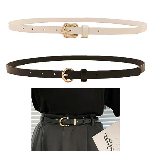 KASESSS 2 Stück Gürtel Damen Schmal, PU-Leder Damen-Gürtel, 1.5cm Belt Women mit Gold Metallschnalle Schmaler Gürtel Damen Verstellbarer Taillengürtel Damen Gürtel für kleid Hose Jeans(Schwarz,Weiß) von KASESSS