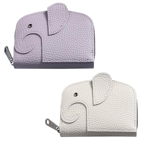 KASESSS 2 Stück Kartenetui Herren, Kreditkartenetui Damen PU Leder, Niedlich Elefant Scheckkartenetui, Card Holder Wallet 11 Fächer, Karten Portemonnaie, Checkkartenetui mit Reißverschluss(Weiß,Lila) von KASESSS