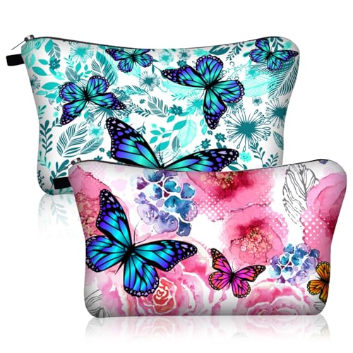 KASESSS 2 Stück Kosmetiktasche Damen, Schmetterling Druck Make Up Tasche, Clutch Schminktasche, Makeup Bag mit Reißverschluss, Modisch Cosmetic Bag, Tragbar Make Up Bag, Makeup Tasche für Reisen von KASESSS
