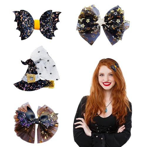 KASESSS 4 Stück Halloween Haarspangen, Fledermausflügel Haarklammer, Schwarzer Glänzender Schleife Haarspange, Hexenhut Halloween Haarschmuck Haarzubehör für Cosplay Frauen Verkleidungsparty, Schwarz von KASESSS