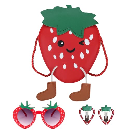 KASESSS Handtasche Mädchen Erdbeere, Umhängetasche Mädchen PU Leder, Kleine Handtasche Kinder Mädchen, Kinder Handtasche Mädchen, Mädchen Handtasche mit Sonnenbrillen und Haarklammern (Rot) von KASESSS