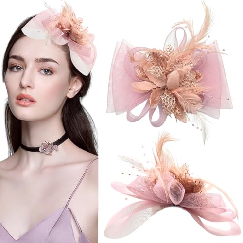 KASESSS Rosa Vintage Blume Fascinator Damen Netzstoff Kunstfedern Fascinator Hut Damen Clip Elegance Hochzeit HüTe Haarschmuck Tea Party Kirche Cocktail Club Kopfbedeckung von KASESSS